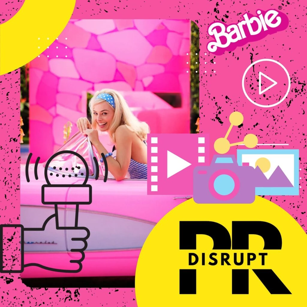 A woman in retro style poses joyfully by a pink car with "Disrupt PR," against a pink backdrop, highlighting Austin Public Relations Consulting.