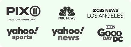 The logos of PIX11, NBC News, CBS News Los Angeles, Yahoo Sports, Yahoo News, and FOX5 Good Day DC on a light background symbolize Austin PR management and social media consulting expertise.