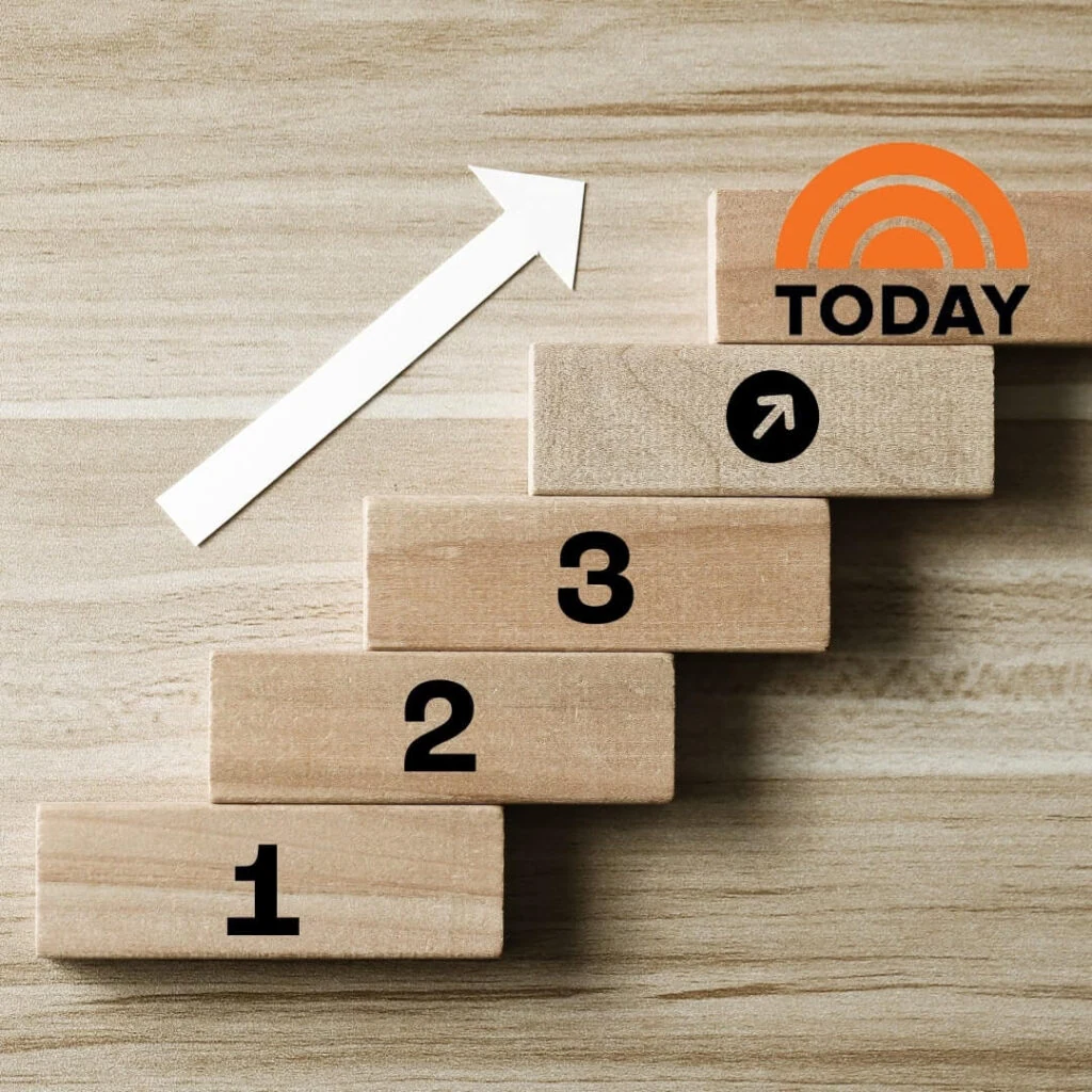 Wooden blocks numbered 1-4 resemble a staircase with an arrow pointing to "TODAY," symbolizing Austin PR strategy and crisis management steps.
