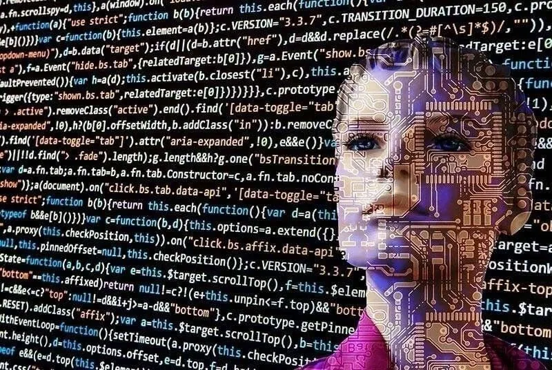 Composite image of a face with circuit patterns and code, symbolizing AI's impact on Public Relations and Crisis Management in Austin.