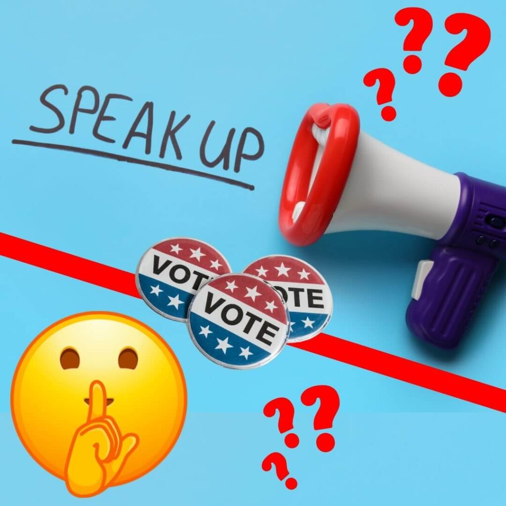 Megaphone and "Speak Up" text with vote badges, question marks, and shushing emoji captures the dynamic spirit of Austin PR management.