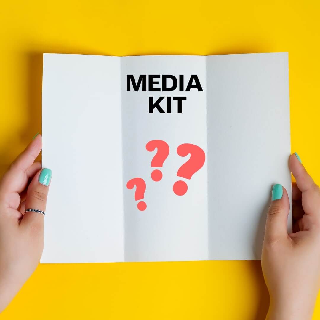 Hands displaying an open "Media Kit," emphasizing its role in Austin PR and Crisis Management, set against a yellow backdrop with question marks.