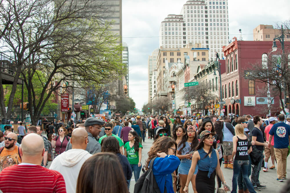 A crowded street of people during SXSW in Austin Texas.
