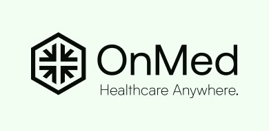 Logo with hexagonal icon, abstract medical symbol, text "OnMed Healthcare Anywhere" on light green, ideal for Austin PR consulting.