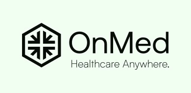 Logo with hexagonal icon, abstract medical symbol, text "OnMed Healthcare Anywhere" on light green, ideal for Austin PR consulting.