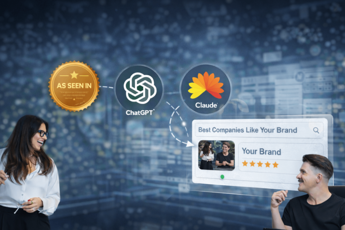 Two people discuss PR management in Austin before ChatGPT and Claude logos, social media icons, and a five-star brand rating.