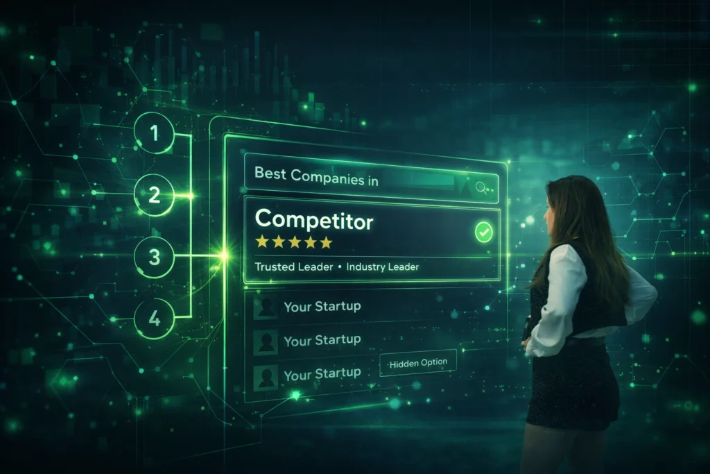 A woman stands by a digital screen showing Austin Public Relations rankings, highlighting crisis management and consulting.