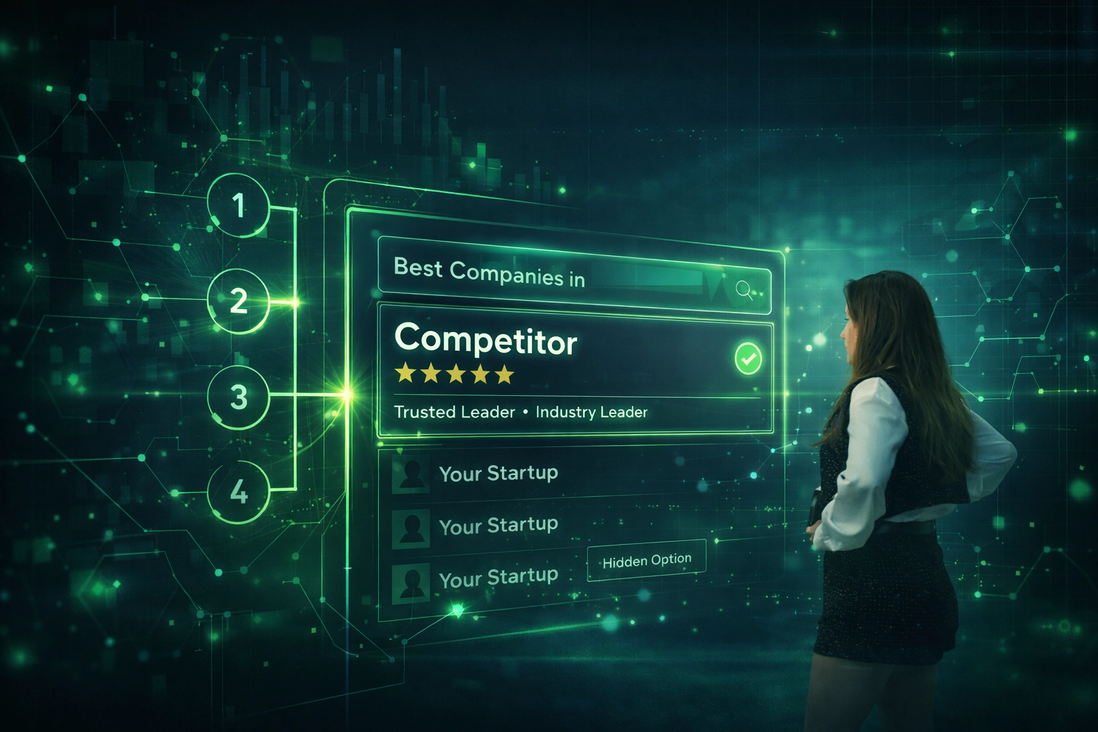 A woman stands by a digital screen showing Austin Public Relations rankings, highlighting crisis management and consulting.