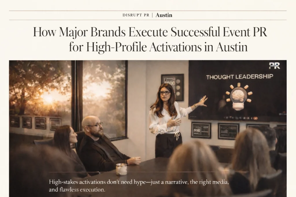 A woman leads an Austin Public Relations seminar on thought leadership, social media, and crisis management strategy.