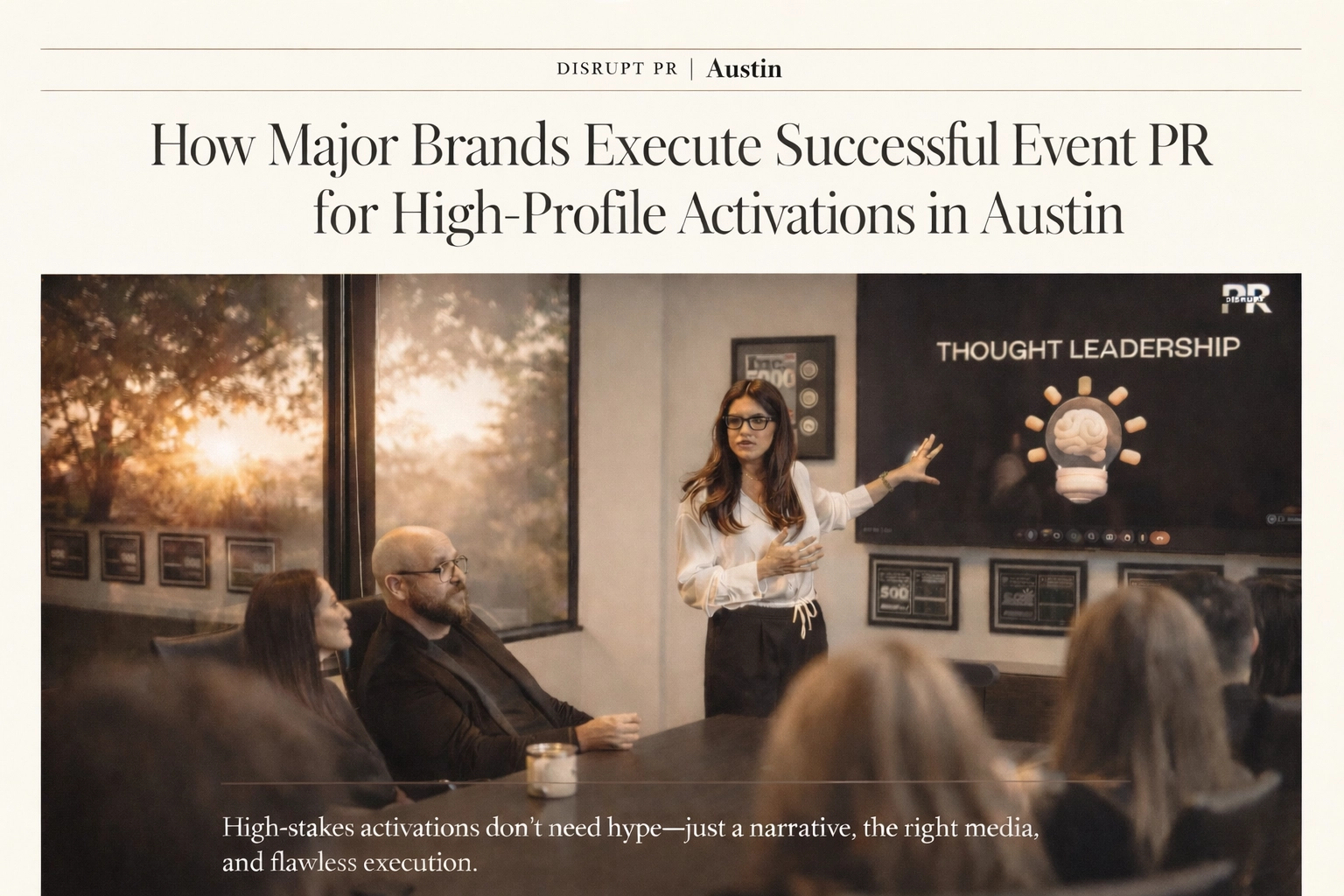 A woman leads an Austin Public Relations seminar on thought leadership, social media, and crisis management strategy.