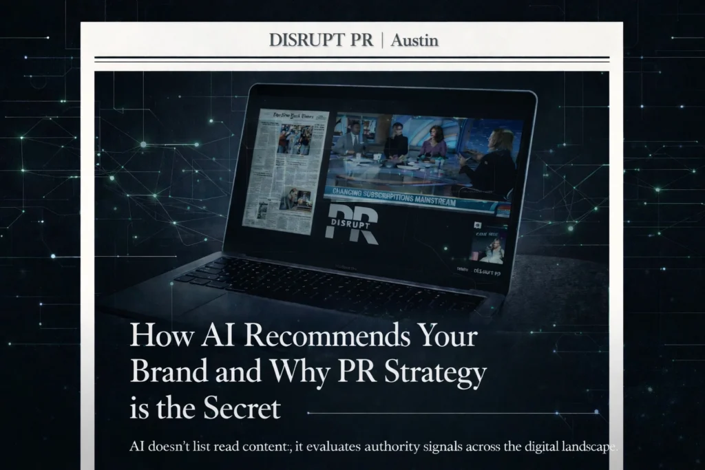 A laptop displays news on AI, PR strategy, Austin Public Relations management, social media, and crisis consulting.