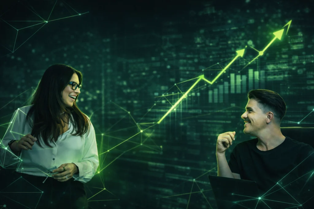 Two people smile in front of a digital background with an upward arrow, symbolizing Austin Public Relations and social media success.