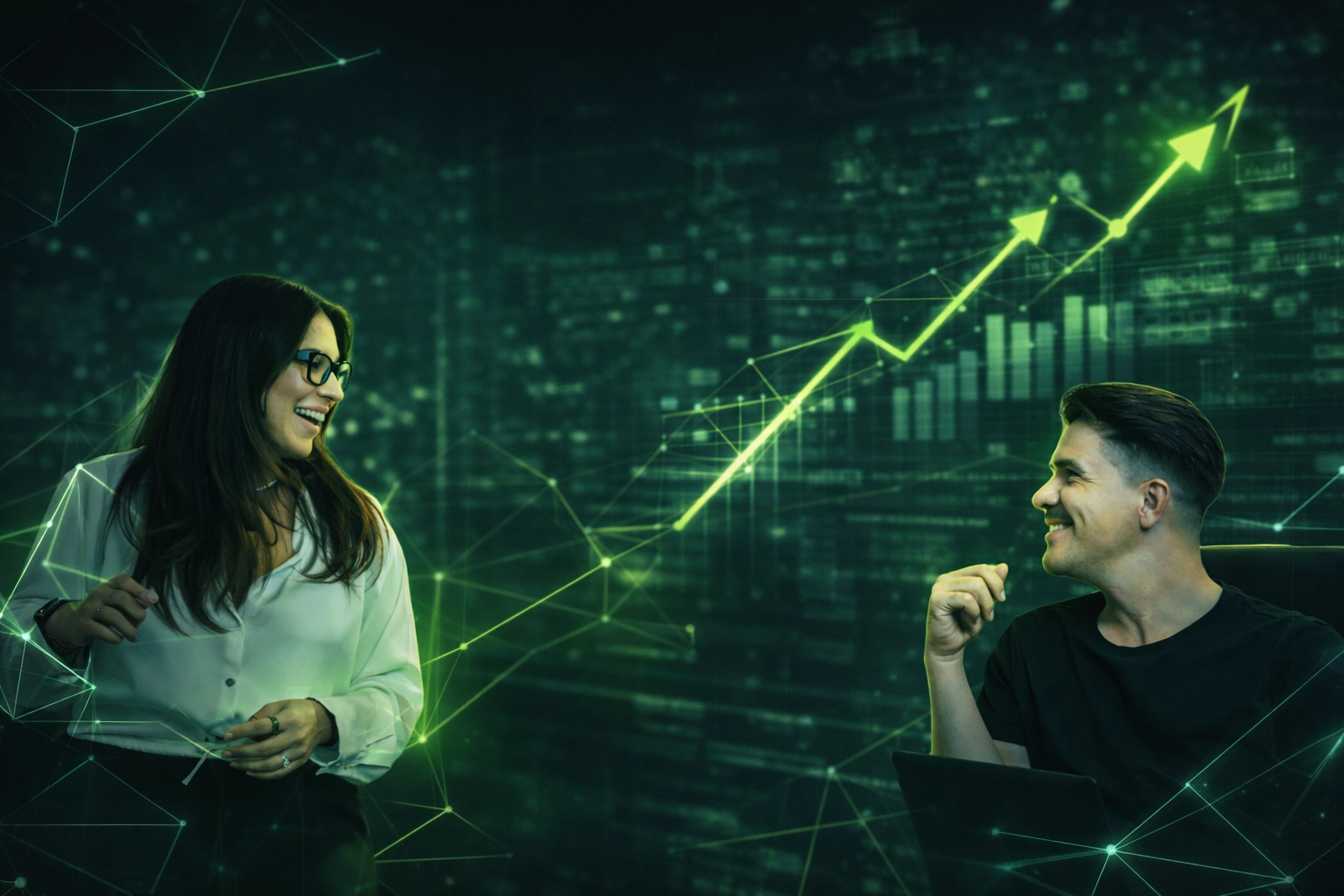 Two people smile in front of a digital background with an upward arrow, symbolizing Austin Public Relations and social media success.