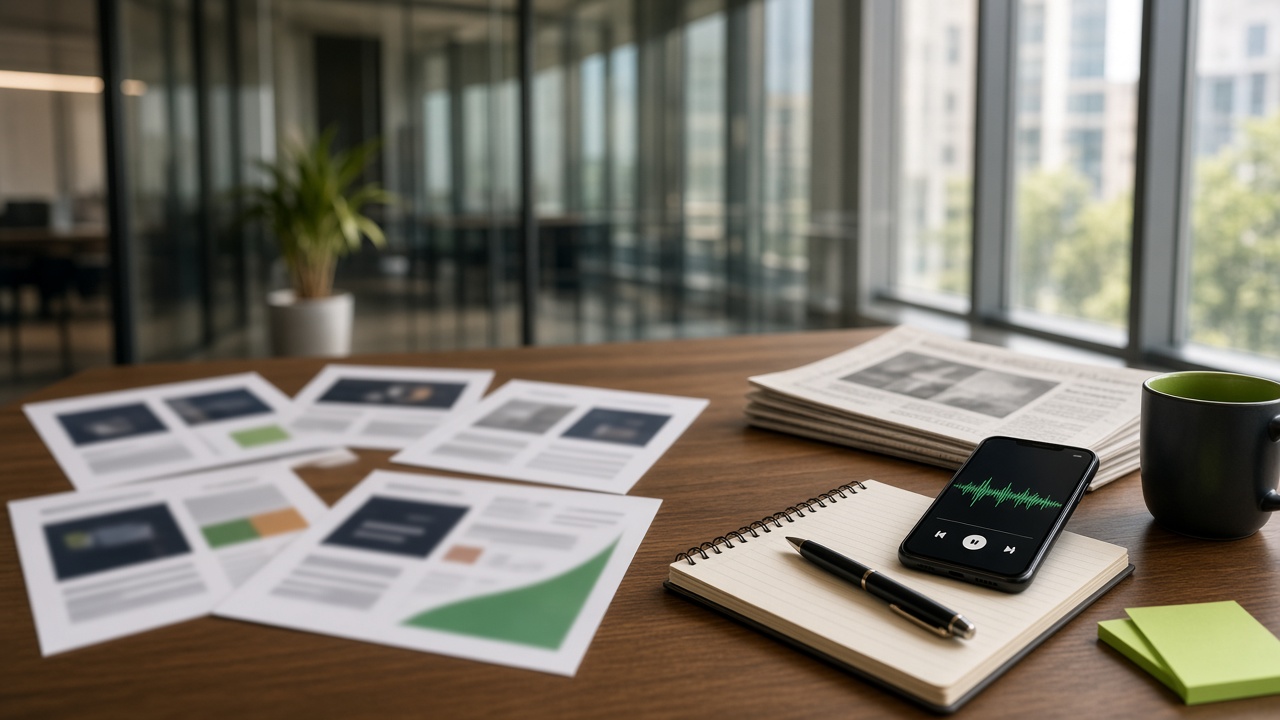 Marketing brand deck beside a reporter's notebook and phone recording an interview, showing the difference between marketing and PR