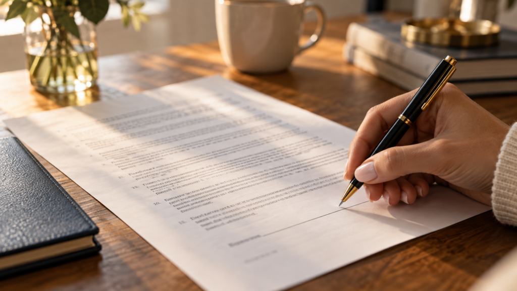 Close-up of a contract being signed, representing key terms founders should check before signing a PR agency agreement