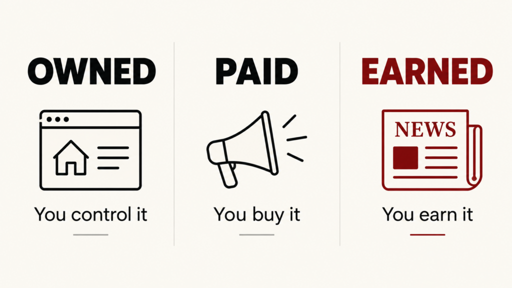 nfographic comparing owned, earned, and paid media, showing the difference between website content, advertising, and earned press coverage