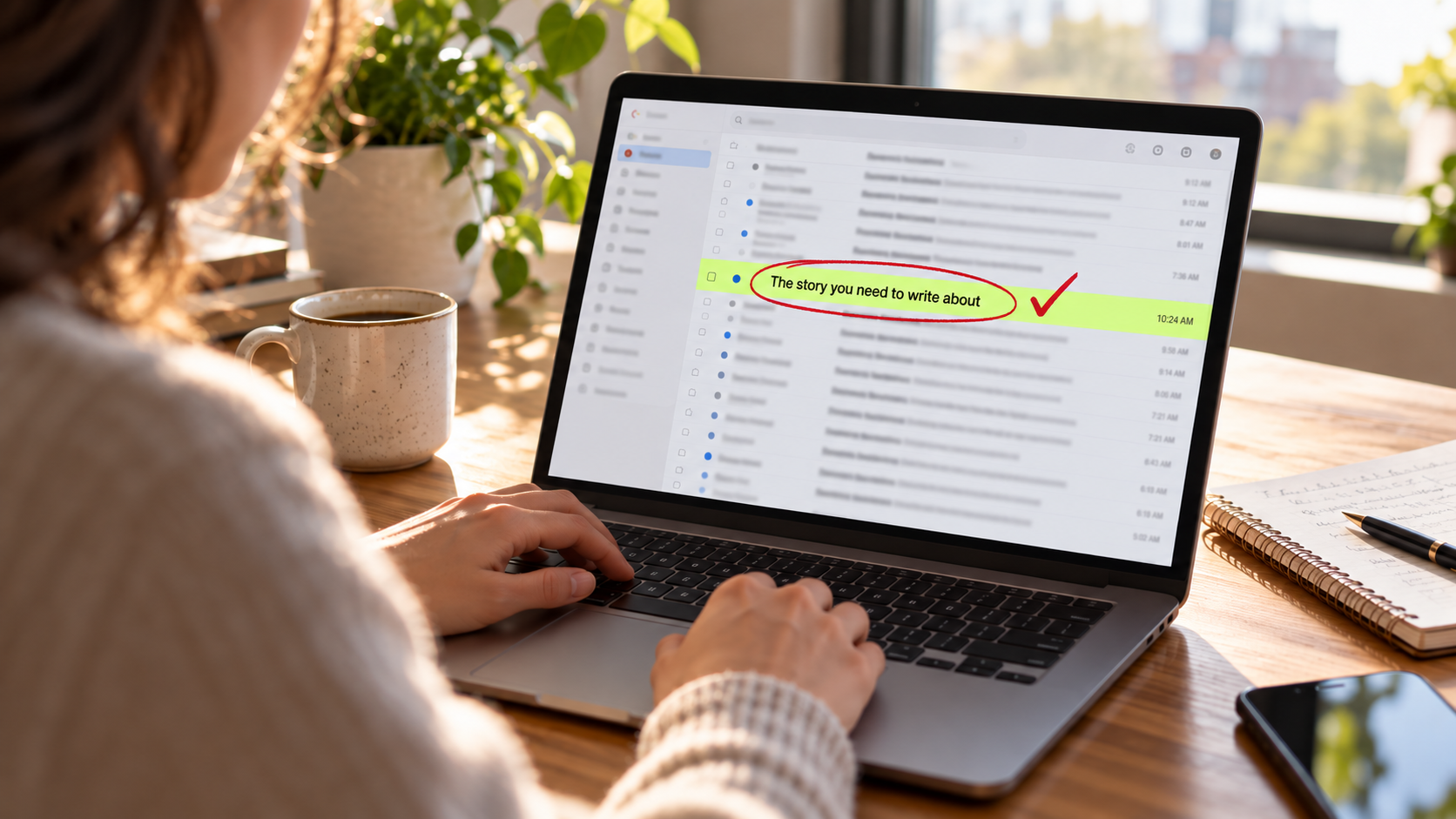 Laptop showing a crowded reporter email inbox with one press release highlighted, illustrating how to write a press release that gets opened