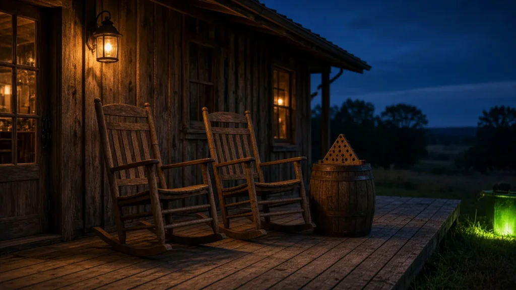 Empty wooden rocking chairs on a country store porch at dusk, lessons from the Cracker Barrel rebrand backlash