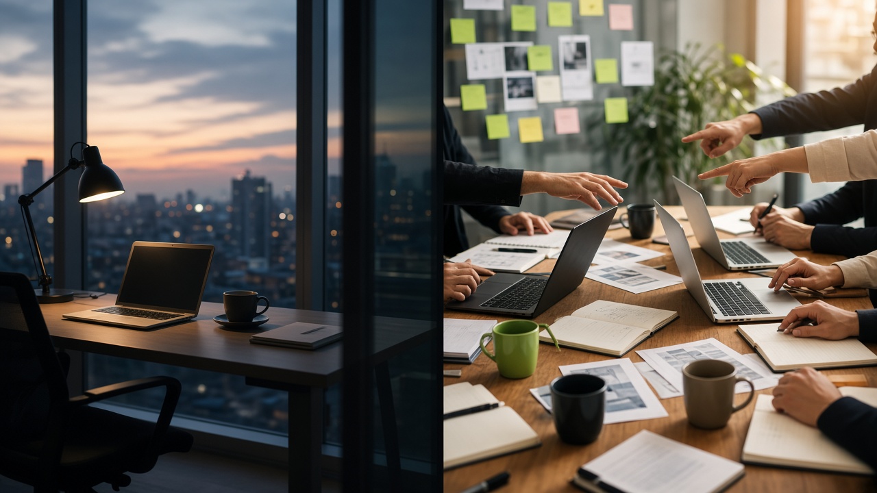 One person working alone at a desk beside a team brainstorming around a table covered in notes, in-house PR vs PR agency