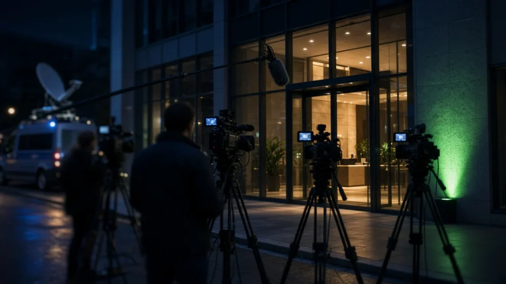 TV news cameras and a boom mic aimed at a company's glass entrance at night, online reputation crisis management