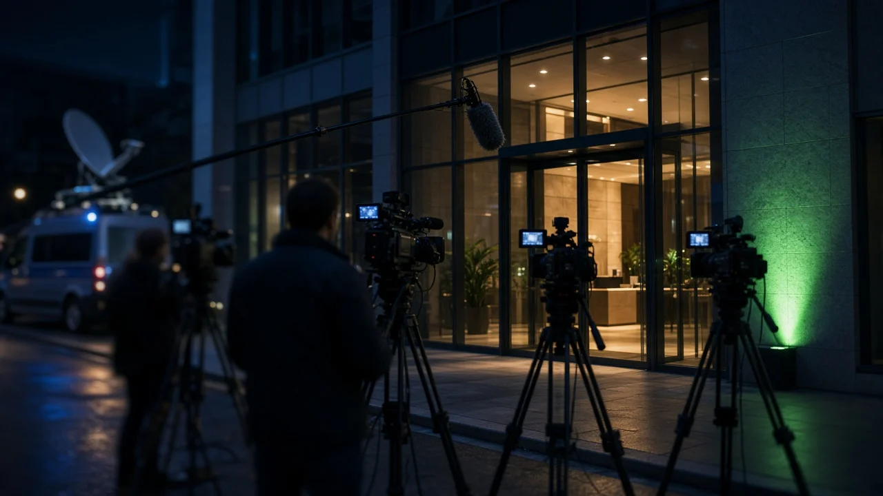 TV news cameras and a boom mic aimed at a company's glass entrance at night, online reputation crisis management
